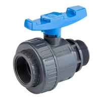 16 Bar PVC-U ball valve with a blue handle, female Rp socket, and male R thread.