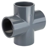 90-degree PVC-U cross pipe fitting for industrial systems, durable grey plastic 4-way pressure connector.
