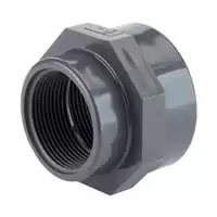 Dark grey PVC-U threaded reducing socket with a 16 Bar pressure rating.