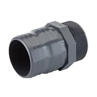Grey PVC-U threaded hose adaptor with a male R-thread and barbed end, 16 Bar pressure rating.