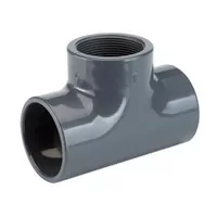 Grey PVC-U threaded central offtake tee with 16 Bar pressure rating.