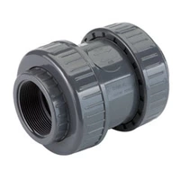 Grey PVC-U check valve with threaded sockets, rated for 16 Bar.