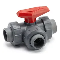 Type 543 3-way L-port PVC-U ball valve with 16 Bar rating and cement sockets.