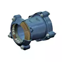 Blue restrained universal coupling with an internal brass grip ring for pipe joining.