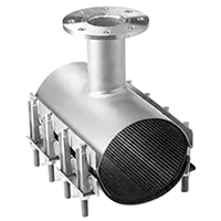 Stainless steel pipe repair flange clamp, 750mm, with a bolted body and top flanged outlet.
