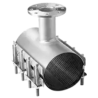 Stainless steel pipe repair flange clamp, 750mm, with a bolted body and top flanged outlet.