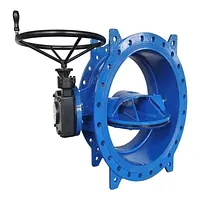 Blue flanged double eccentric butterfly valve with handwheel gear operator.
