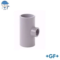 Gray PVC-C 90° reducing tee fitting, 16 Bar pressure rating.