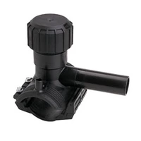 Black PE100 electrofusion monobloc tapping saddle, rated for 16 Bar.