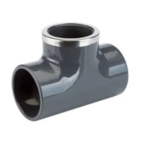 16 Bar PVC-U tee with a central Rp threaded offtake.