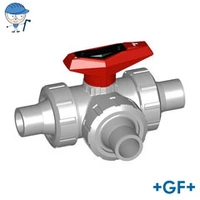 GF Type 543 PVC-C 3-way L-port ball valve with solvent cement spigots.