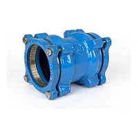 Blue 16 Bar cast iron coupling for joining PE and PVC pipes.