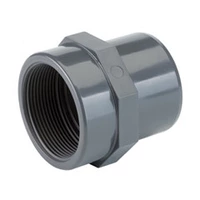 Grey PVC-U threaded adaptor with internal threads, rated for 16 Bar.