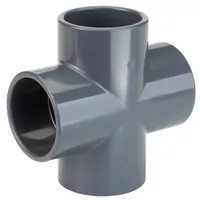 90-degree PVC-U cross pipe fitting for industrial systems, durable grey plastic 4-way pressure connector.