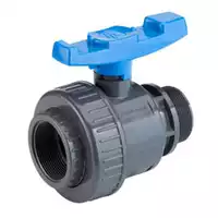 16 Bar PVC-U ball valve with a blue handle, female Rp socket, and male R thread.