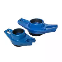 Blue ductile iron pipe saddle with a threaded outlet.