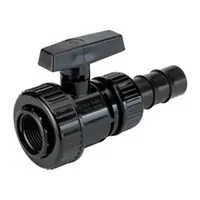 Black PVC-U ball valve with union nut and hose adaptor, 16 Bar.