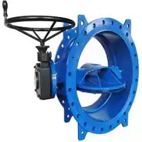 Blue flanged double eccentric butterfly valve with handwheel gear operator.