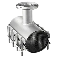 Stainless steel flange clamp, 400mm long, with a flanged top outlet.