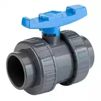 PVC-U double union ball valve with 16 Bar rating and solvent cement sockets.
