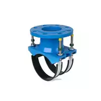 Blue flanged saddle with dual stainless steel bands for ductile iron pipes.