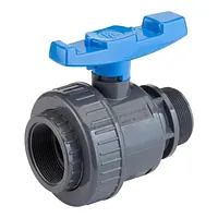 16 Bar PVC-U ball valve with a blue handle, female Rp socket, and male R thread.